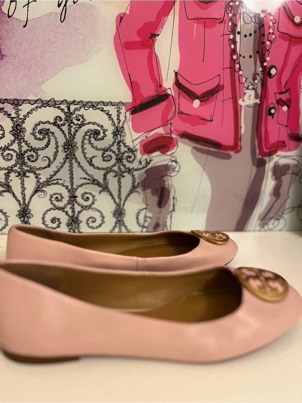Tory Burch Blush Pink Leather Logo Medallion Ballet Flats - Size 7.5 - Picture 5 of 8